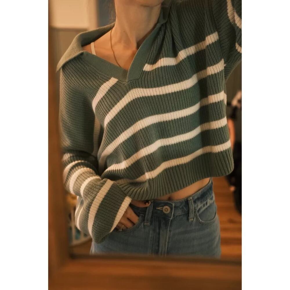 Pacsun | Green/White Stripes Polo Style Cropped Sweater Knit Preppy Top Sz XS